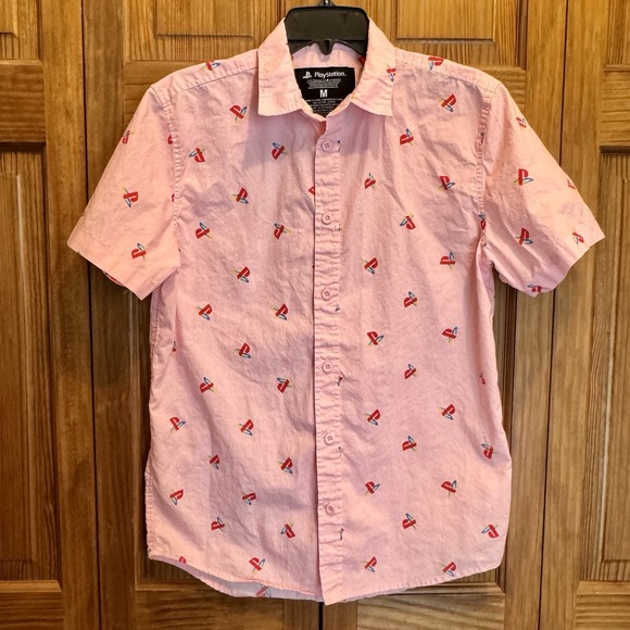 Sony Other - Sony Playstation Licensed Short Sleeve Pink Button Shirt Men's M  Cotton Casual‎